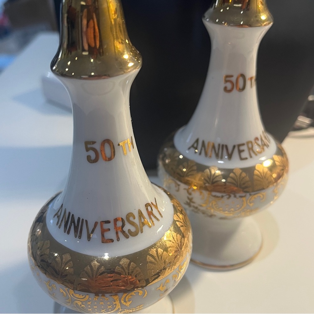 JAPAN 50th Anniversary Gold Salt And Pepper Shakers Bone China Vintage Royalty